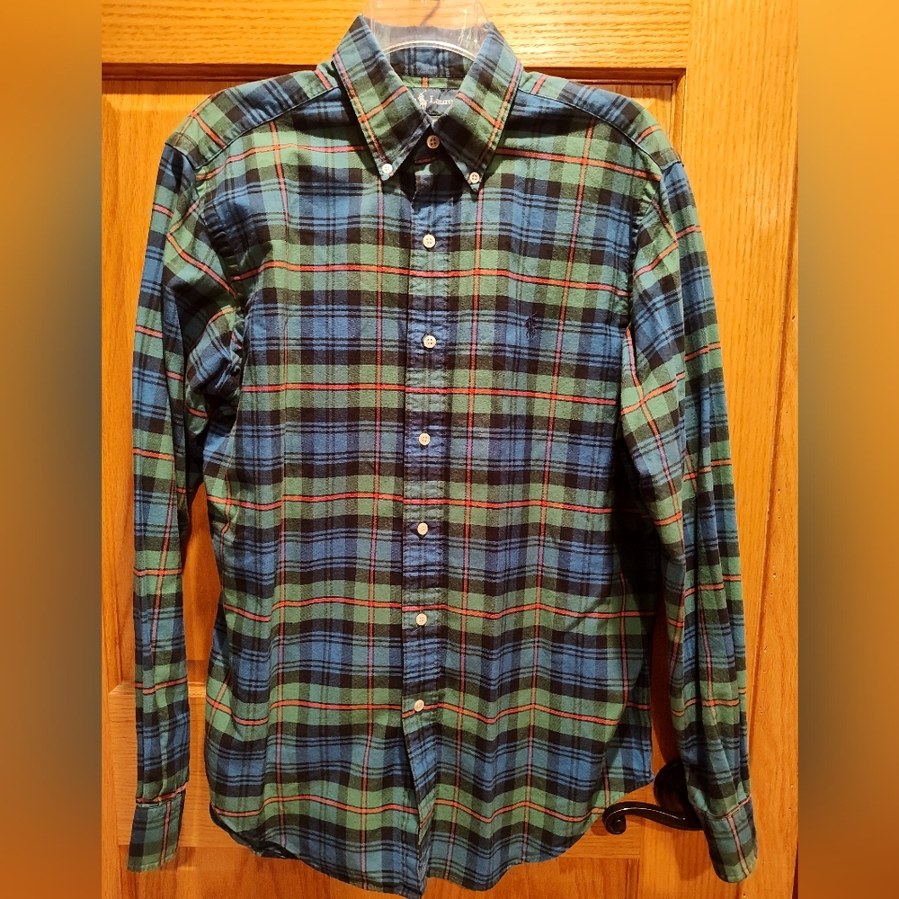 Ralph Lauren Men's M Green and Blue Plaid Button Down Shirt, Classic Fit